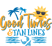 a logo for good times and tan lines with a smiling sun