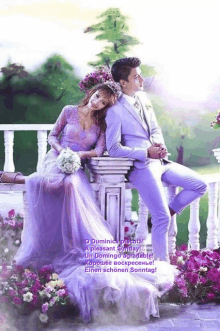 a man and a woman are sitting on a balcony with flowers and a greeting in a different language