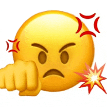 an angry emoji with a fist pointing at the camera .