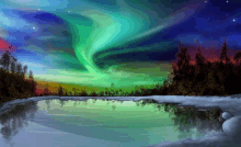 a painting of the aurora borealis over a frozen lake