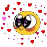 a yellow smiley face with big eyes and purple eyes is surrounded by red hearts .