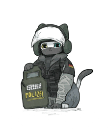 a drawing of a cat wearing a helmet and holding a polizei shield