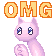 a pixel art of a pink cat with the word omg written on it .