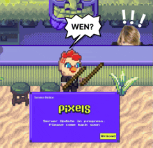 a purple box that says pixels on it with a person holding a sword