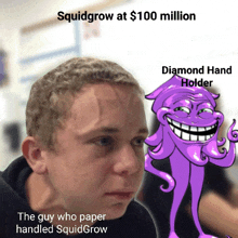 the guy who paper handled squidgrow is shown next to a cartoon of a purple octopus