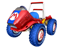 a red and blue buggy with a mario logo on the front