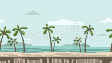 a cartoon illustration of a tropical beach with palm trees .