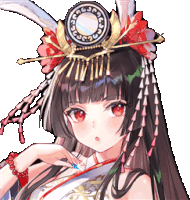 a girl with long hair and red eyes is wearing a crown of feathers and flowers .