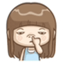 a cartoon girl is holding her nose .