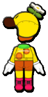 a cartoon character is wearing a yellow outfit with a flower on top of his head .