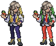 a pixel art of a person holding a tomato and a strawberry .