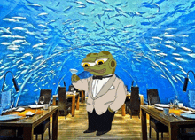 a cartoon frog in a tuxedo is holding a martini in a restaurant underwater .