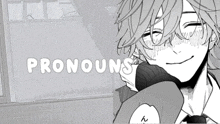 a black and white drawing of a boy with the word pronouns written above him