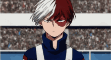 todoroki shouto from my hero academia is standing in front of a crowd in a stadium .