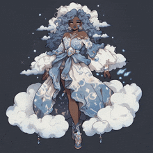 a drawing of a woman in a blue and white dress with clouds around her