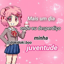 a pixel art of a girl on a pink background with the words mais um dia