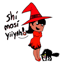 a cartoon of a witch with the words shi mosi yiiyah written above her