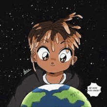 a cartoon of juice wrld holding a globe in his hand .