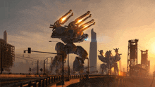 a giant robot is flying over a bridge with a city in the background