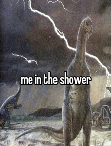 a painting of a dinosaur in the rain with the caption " me in the shower "