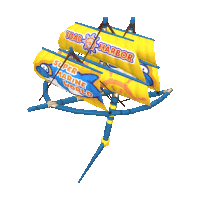 a yellow and blue sailboat with the words toad harbor super marine world written on the sails