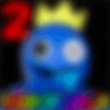 a colorful drawing of a blue monster with a yellow crown