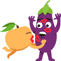 a cartoon illustration of an eggplant and a peach kissing each other