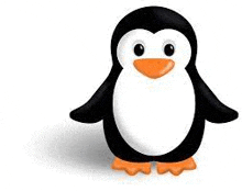 a black and white penguin with an orange beak is standing on a white surface .