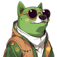 a green dog wearing sunglasses and a jacket that says pmt on it