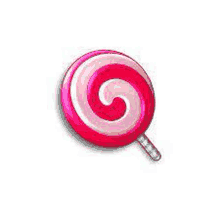 a red and white lollipop with a swirl on it on a stick .