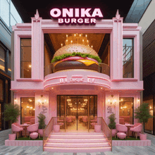 a pink building with a sign that says onika burger on it