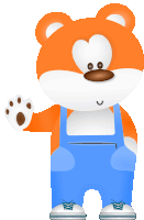 a teddy bear wearing blue overalls and white shoes