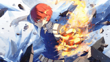 a boy with red hair and a blue shirt is holding a fireball in his hand