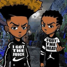 two cartoon boys are standing next to each other in front of a graffiti covered wall .