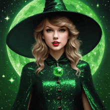 a woman in a green witch costume is standing in front of a full moon