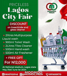 an advertisement for the priceless lagos city fair with a shopping cart full of cleaning products