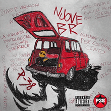 a drawing of a red car with the hood up and the words nuove br on it