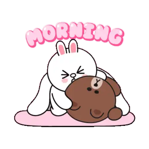 a bunny and a teddy bear are laying on a pink blanket with the word morning written above them