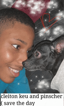 a picture of a man and a dog with the words cleiton keu and pinscher save the day