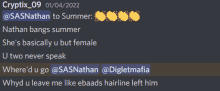 a screenshot of a conversation between cryptix_09 and sasnathan to summer