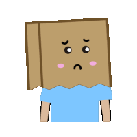 a person with a cardboard box on their head with a sad face