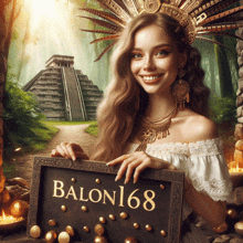 a smiling woman holding a sign that says balon168