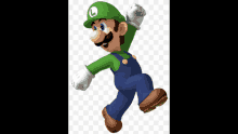 a cartoon character with a green hat and overalls has the letter l on it