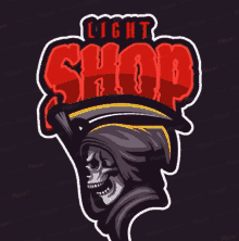 a logo for a light shop has a grim reaper holding a scythe