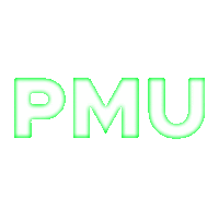 the word pmu is written in green letters on a white background