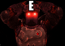 a video game character has the letter e on his head