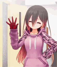 a girl wearing a purple hoodie and red gloves waving