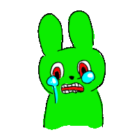 a green cartoon rabbit is crying with tears coming out of his eyes