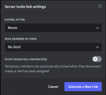 a screenshot of the server invite link settings screen