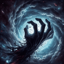 a painting of a hand that is reaching out into the sky